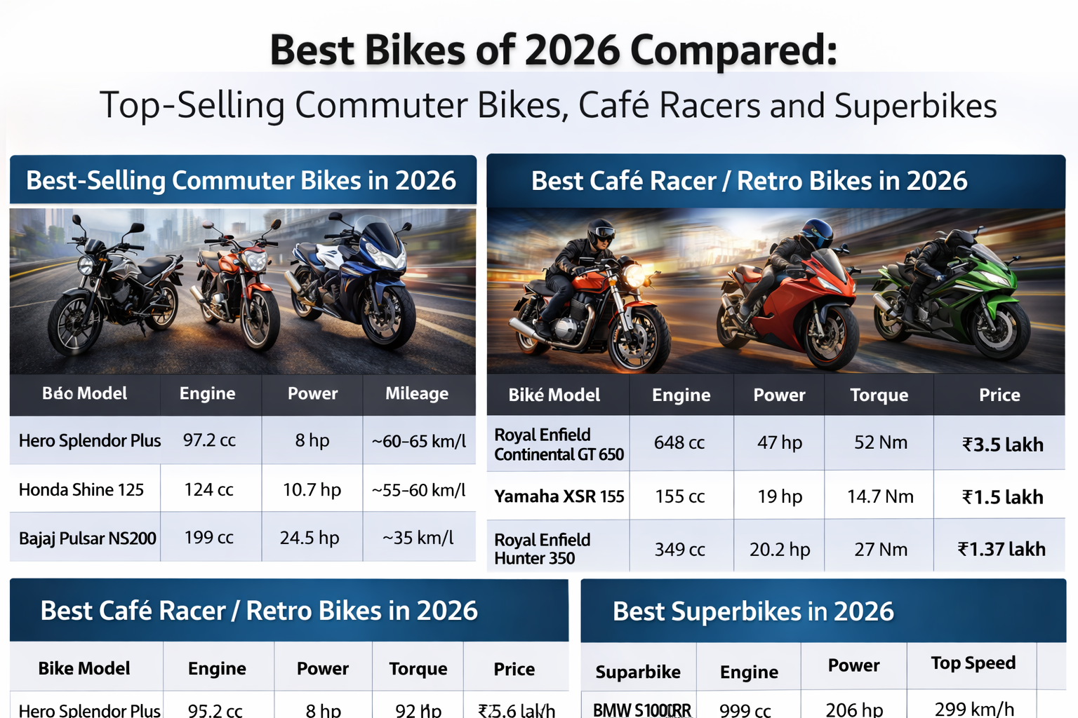 Best Bikes of 2026 Compared: Top-Selling Commuter Bikes, Café Racers and Superbikes with Full Specifications