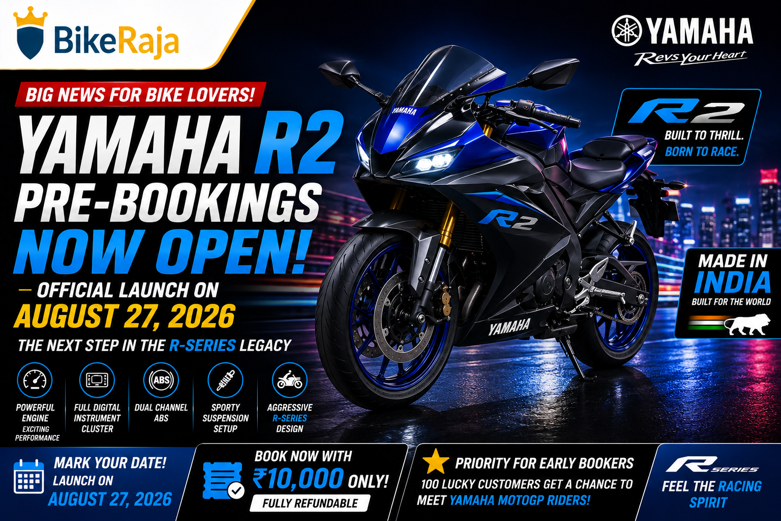 Yamaha R2 Pre-Bookings Open in India Ahead of August 27 Launch